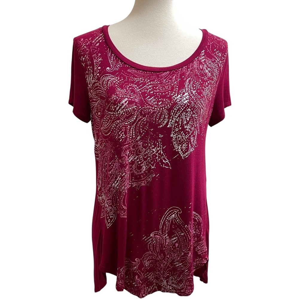 B.L.E.U. Paisley Rhinestone Crochet Lace Back Top Women Size S Magenta